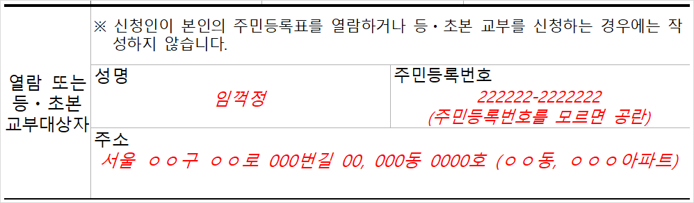 열람 또는 등·초본 교부대상자 항목 작성 예시