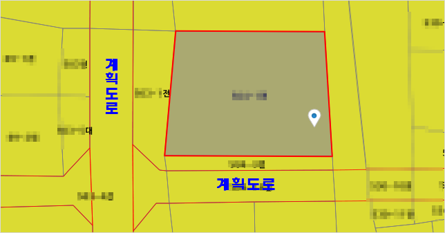 서쪽과 남쪽으로 계획도로가 보이는 지적도