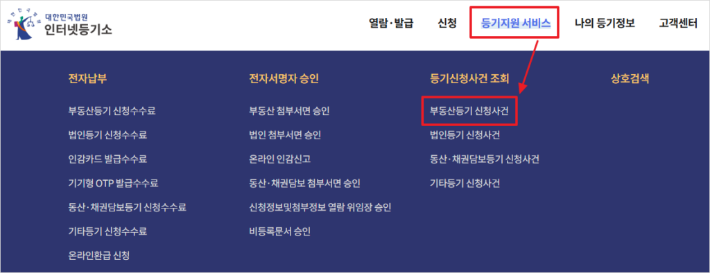 인터넷등기소에서 '부동산등기 신청사건' 메뉴 화면