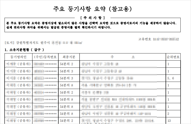 공유자 명단을 한 눈에 파악할 수 있는 '주요 등기사항 요약 (참고용)' 사례